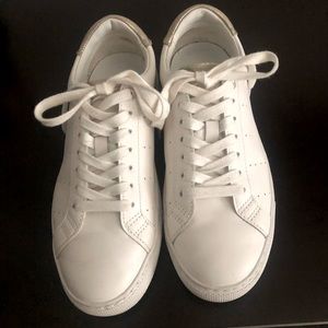J Crew Saturday White Leather Sneakers with Gold Trim